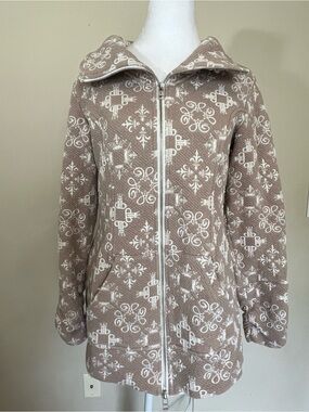 Tonia DeBellis Women's Geometric Full Zip Jacket Beige White Pockets Size M